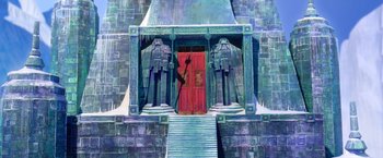 Movie still from “Missing Link” (2019), directed by Chris Butler – An illustration of an entrance to a building with statues; Extreme Wide shot, Low angle