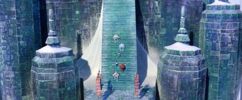 Movie still from “Missing Link” (2019), directed by Chris Butler – Several people are sitting on the steps of an elaborate staircase; Extreme Wide shot, High angle