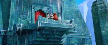 Movie still from “Missing Link” (2019), directed by Chris Butler – A group of people standing next to each other on top of a building; Extreme Wide shot, Low angle