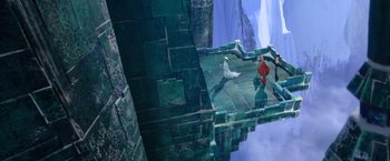 Movie still from “Missing Link” (2019), directed by Chris Butler – A man and a woman are standing on a bridge; Extreme Wide shot, Overhead angle