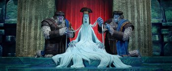 Movie still from “Missing Link” (2019), directed by Chris Butler – A statue of an ice queen surrounded by two ice giants; Wide shot, Low angle