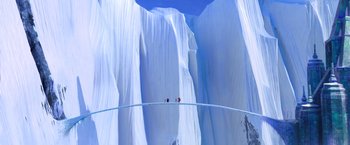 Movie still from “Missing Link” (2019), directed by Chris Butler – Two people are standing on a rope over a mountain; Extreme Wide shot, Low angle