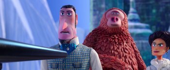 Movie still from “Missing Link” (2019), directed by Chris Butler – A man and a monkey are standing next to each other; Close Up shot, Over the shoulder angle