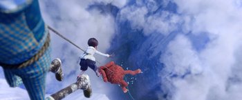 Movie still from “Missing Link” (2019), directed by Chris Butler – Two people are flying through the air while holding onto a rope; Extreme Wide shot, Overhead angle