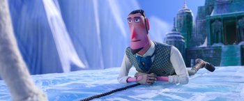 Movie still from “Missing Link” (2019), directed by Chris Butler – A man with a tie is laying on the ground; Medium shot, Over the shoulder angle