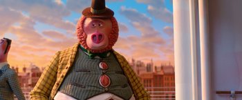 Movie still from “Missing Link” (2019), directed by Chris Butler – A pig wearing a top hat and a vest; Close Up shot, Low angle