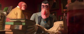 Movie still from “Missing Link” (2019), directed by Chris Butler – A man with a fake nose is sitting at a table with papers; Medium shot, Over the shoulder angle