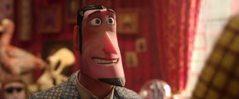 Movie still from “Missing Link” (2019), directed by Chris Butler – The face of a toy story character; Close Up shot, Over the shoulder angle