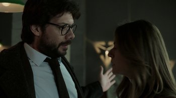 Movie still from “Money Heist” (2017), created by Álex Pina – A man and a woman talking to each other; Close Up shot, Over the shoulder angle