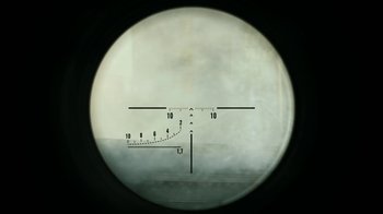 Movie still from “Money Heist” (2017), created by Álex Pina – A rifle scope with a view of the sky through it; Extreme Close Up shot, Overhead angle