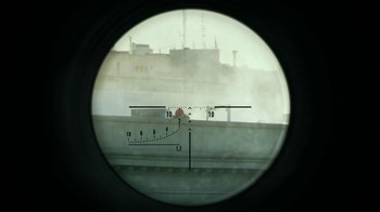 Movie still from “Money Heist” (2017), created by Álex Pina – A view through a telescope of a clock and a building; Extreme Close Up shot, Overhead angle