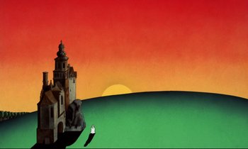 Movie still from “Monty Python and the Holy Grail” (1975), directed by Terry Gilliam – An illustration of a sunset with a castle in the background; Extreme Wide shot, Low angle