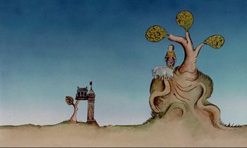 Movie still from “Monty Python and the Holy Grail” (1975), directed by Terry Gilliam – A painting of a tree with a castle in the background; Extreme Wide shot, Low angle