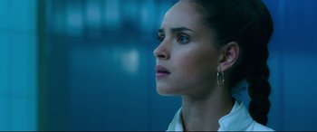 Movie still from “Morbius” (2022), directed by Daniel Espinosa – A person wearing a white shirt; Close Up shot, Low angle