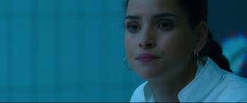 Movie still from “Morbius” (2022), directed by Daniel Espinosa – A person wearing a white shirt; Close Up shot, Over the shoulder angle