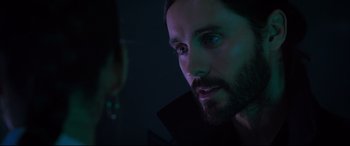 Movie still from “Morbius” (2022), directed by Daniel Espinosa – A person with a beard; Close Up shot, Over the shoulder angle
