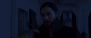 Movie still from “Morbius” (2022), directed by Daniel Espinosa – Jared leto as the joker in suicide squad 2 0 1 6; Close Up shot, Over the shoulder angle