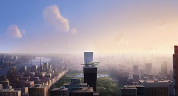 Movie still from “Mr. Peabody & Sherman” (2014), directed by Rob Minkoff – A computer on top of a building overlooking a city; Extreme Wide shot, Low angle