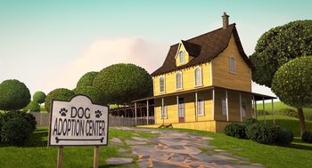 Movie still from “Mr. Peabody & Sherman” (2014), directed by Rob Minkoff – A dog adoption center sign in front of a yellow house; Extreme Wide shot, High angle
