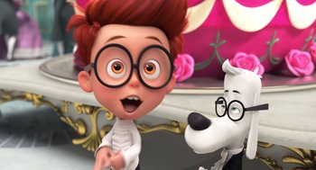 Movie still from “Mr. Peabody & Sherman” (2014), directed by Rob Minkoff – A boy and a dog are in a room with flowers; Close Up shot, Over the shoulder angle