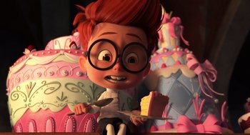 Movie still from “Mr. Peabody & Sherman” (2014), directed by Rob Minkoff – A cartoon of a boy with glasses holding a piece of cake; Medium shot, Over the shoulder angle
