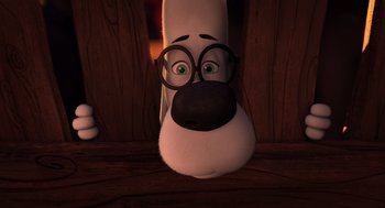 Movie still from “Mr. Peabody & Sherman” (2014), directed by Rob Minkoff – A dog with glasses is looking at the camera; Close Up shot, Over the shoulder angle