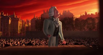 Movie still from “Mr. Peabody & Sherman” (2014), directed by Rob Minkoff – An animated man standing in front of an audience; Medium shot, Low angle