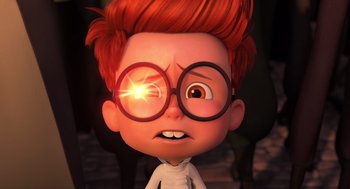 Movie still from “Mr. Peabody & Sherman” (2014), directed by Rob Minkoff – An animated boy with red hair wearing glasses; Close Up shot, Low angle