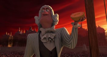 Movie still from “Mr. Peabody & Sherman” (2014), directed by Rob Minkoff – An animated man holding a donut in his hand; Medium shot, Over the shoulder angle
