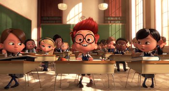 Movie still from “Mr. Peabody & Sherman” (2014), directed by Rob Minkoff – A group of kids sitting at desks in a class room; Wide shot, Over the shoulder angle