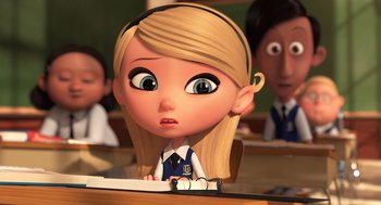 Movie still from “Mr. Peabody & Sherman” (2014), directed by Rob Minkoff – A cartoon of a girl with blonde hair sitting at a desk; Close Up shot, High angle