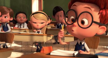 Movie still from “Mr. Peabody & Sherman” (2014), directed by Rob Minkoff – A group of cartoon characters in a classroom; Medium shot, Over the shoulder angle