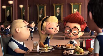 Movie still from “Mr. Peabody & Sherman” (2014), directed by Rob Minkoff – A group of people sitting at a table with plates of food on it; Medium shot, Over the shoulder angle