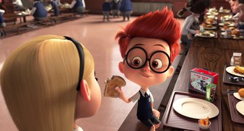 Movie still from “Mr. Peabody & Sherman” (2014), directed by Rob Minkoff – A boy and a girl holding a piece of bread; Medium shot, Over the shoulder angle