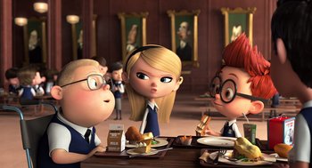 Movie still from “Mr. Peabody & Sherman” (2014), directed by Rob Minkoff – A group of people sitting at a table with food on it; Medium shot, High angle
