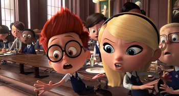 Movie still from “Mr. Peabody & Sherman” (2014), directed by Rob Minkoff – A group of people that are standing in a room together; Medium shot, Over the shoulder angle