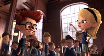Movie still from “Mr. Peabody & Sherman” (2014), directed by Rob Minkoff – A bunch of kids are standing in front of each other; Medium shot, Over the shoulder angle