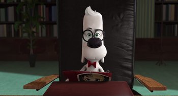 Movie still from “Mr. Peabody & Sherman” (2014), directed by Rob Minkoff – A white dog wearing glasses sitting in front of a book; Medium shot, High angle