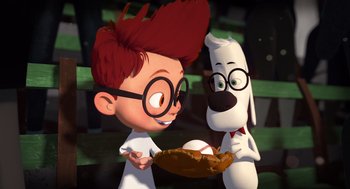Movie still from “Mr. Peabody & Sherman” (2014), directed by Rob Minkoff – A dog holding a baseball bat next to a boy with glasses; Medium shot, Over the shoulder angle
