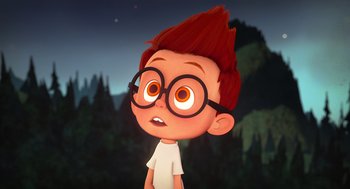 Movie still from “Mr. Peabody & Sherman” (2014), directed by Rob Minkoff – An animated boy with a red mohawk is looking at the camera; Close Up shot, Low angle