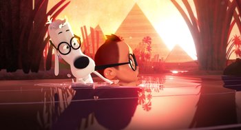 Movie still from “Mr. Peabody & Sherman” (2014), directed by Rob Minkoff – A man and a dog are in front of a pyramid; Wide shot, Over the shoulder angle