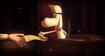 Movie still from “Mr. Peabody & Sherman” (2014), directed by Rob Minkoff – A dog with a pen in his hand and a paper in his hand; Medium shot, Over the shoulder angle