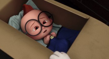 Movie still from “Mr. Peabody & Sherman” (2014), directed by Rob Minkoff – An image of an animated character in a cardboard box; Medium shot, High angle