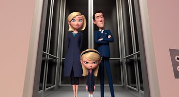 Movie still from “Mr. Peabody & Sherman” (2014), directed by Rob Minkoff – A cartoon of a woman and two men standing next to each other; Medium shot, Low angle