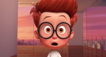 Movie still from “Mr. Peabody & Sherman” (2014), directed by Rob Minkoff – An animated boy with red hair wearing glasses; Close Up shot, Low angle