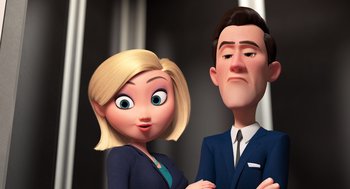Movie still from “Mr. Peabody & Sherman” (2014), directed by Rob Minkoff – A cartoon of a man and a woman standing next to each other; Close Up shot, Low angle