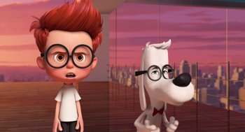 Movie still from “Mr. Peabody & Sherman” (2014), directed by Rob Minkoff – A boy and a dog are standing next to each other; Close Up shot, Over the shoulder angle