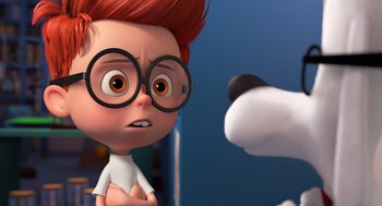 Movie still from “Mr. Peabody & Sherman” (2014), directed by Rob Minkoff – A boy with glasses is looking at a dog; Close Up shot, Over the shoulder angle
