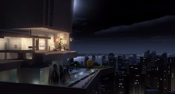 Movie still from “Mr. Peabody & Sherman” (2014), directed by Rob Minkoff – A view of a city from the top of a skyscraper at night; Extreme Wide shot, High angle