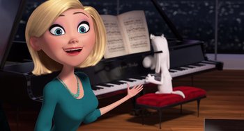 Movie still from “Mr. Peabody & Sherman” (2014), directed by Rob Minkoff – A cartoon of a woman standing in front of a grand piano; Medium shot, Over the shoulder angle